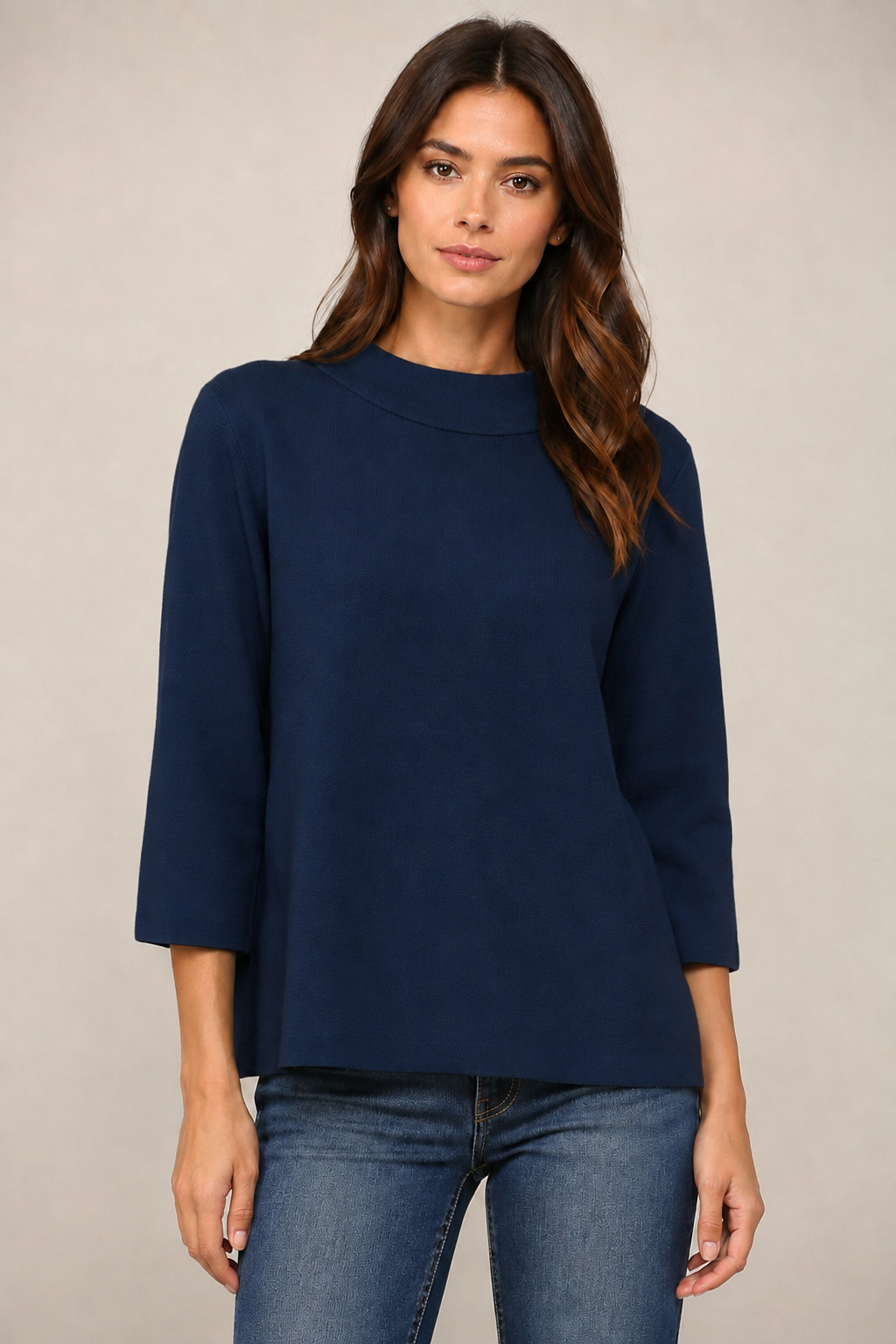 Fate Lucy Sweater in navy, mock neck pullover with 3/4 bell sleeves and A-line silhouette, front view