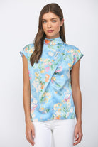 Fate Floral Print Satin High Neckline Tie Back Blue StyleFT24203