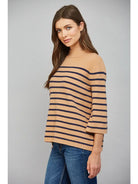 camel and navy blue horizontally striped knit sweater with three-quarter sleeves