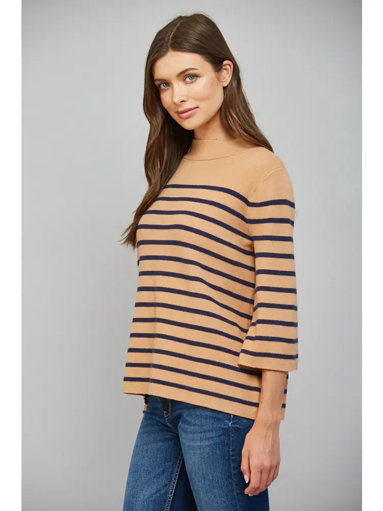camel and navy blue horizontally striped knit sweater with three-quarter sleeves