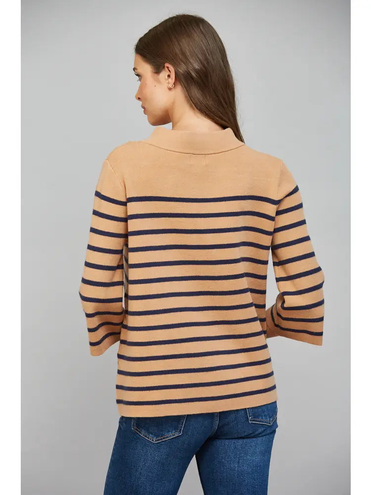 camel and navy blue horizontally striped knit sweater with three-quarter sleeves