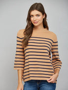 camel and navy blue horizontally striped knit sweater with three-quarter sleeves