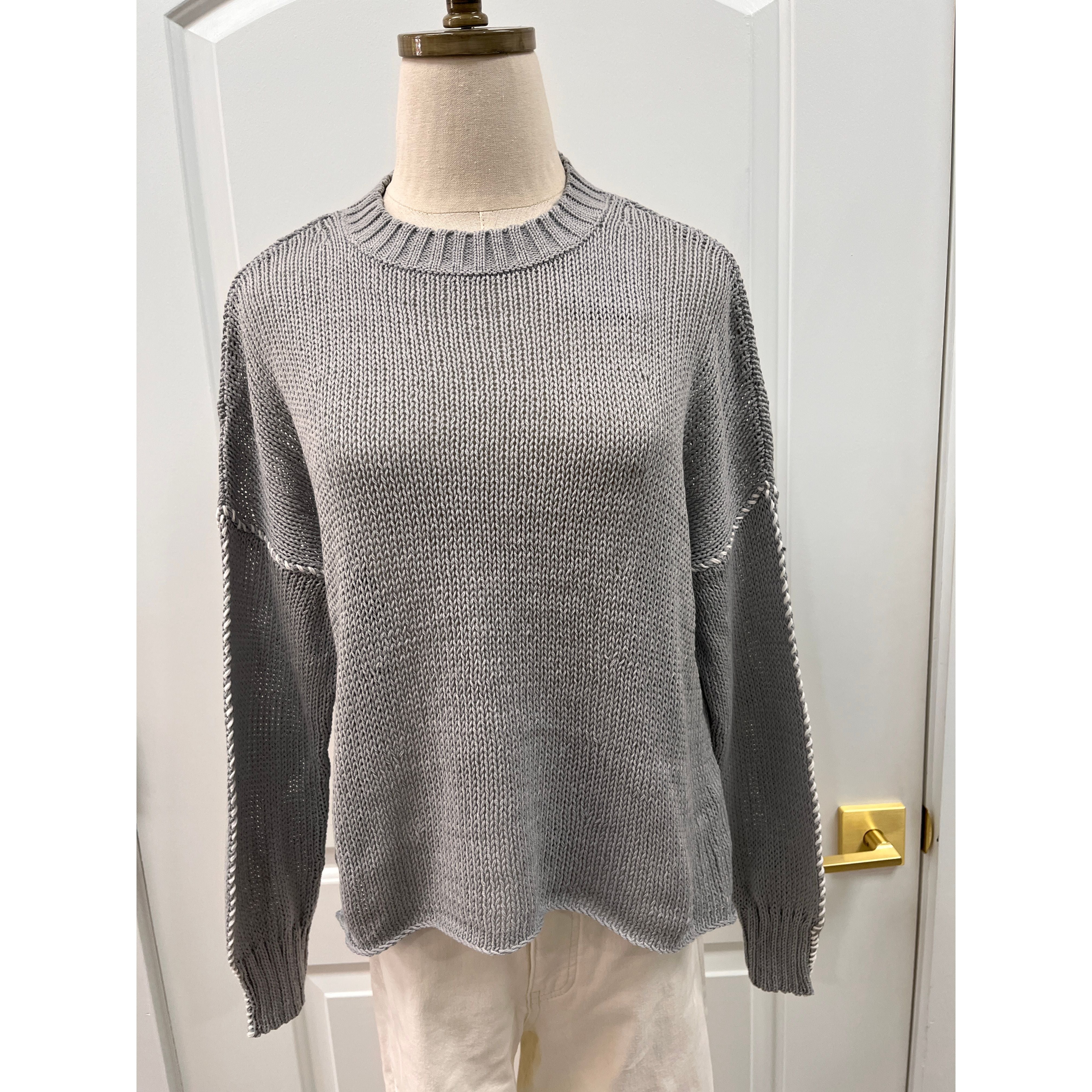 Frances Sweater Wooden Ships gray and white topstitched cotton crew K57CEW213 silverstone/breaker white
