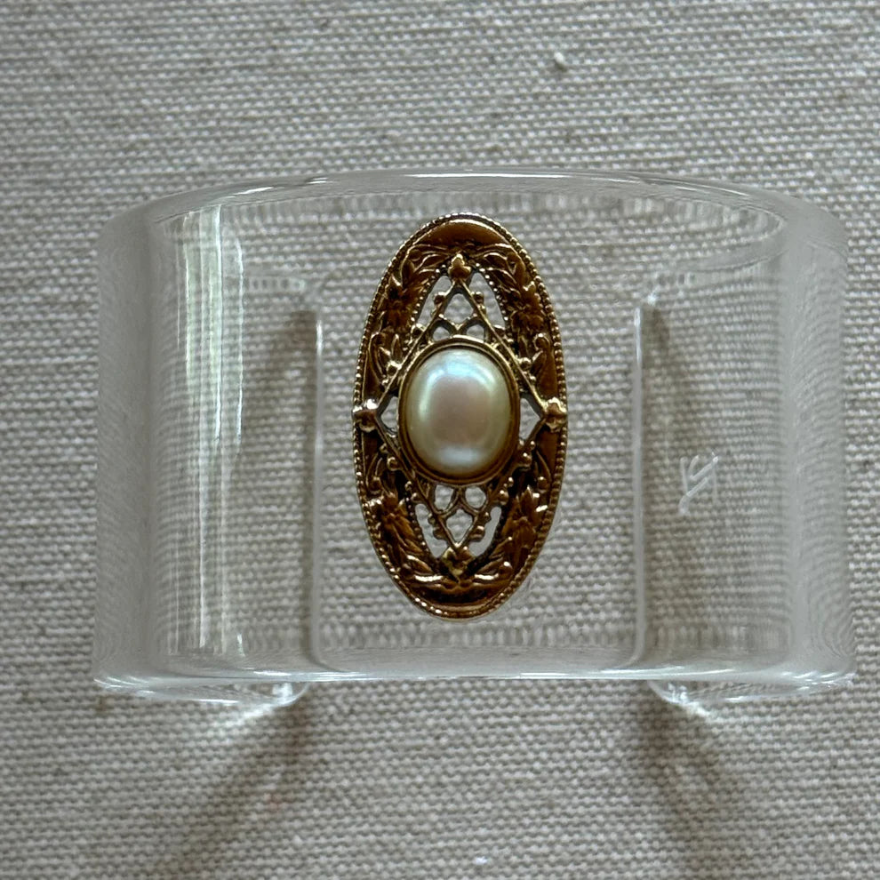Goldtone Filigree & Pearl Narrow Oval Wide Acrylic Cuff (SM)