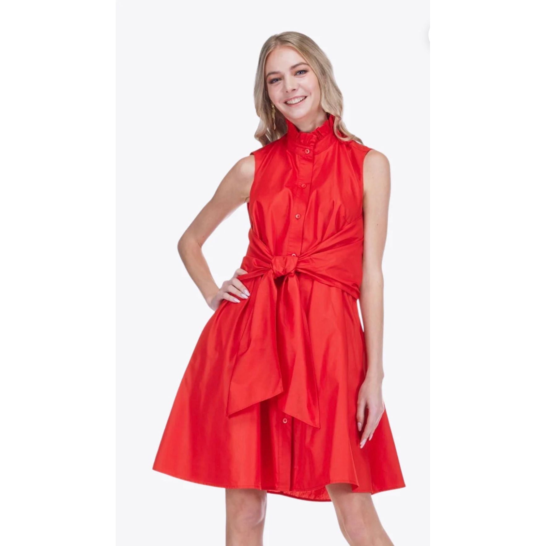 Lyla Dress red sleeveless shirt dress, ruffle collar, button front, self-tie bow waist, full A-line skirt - Marj & Lizzie