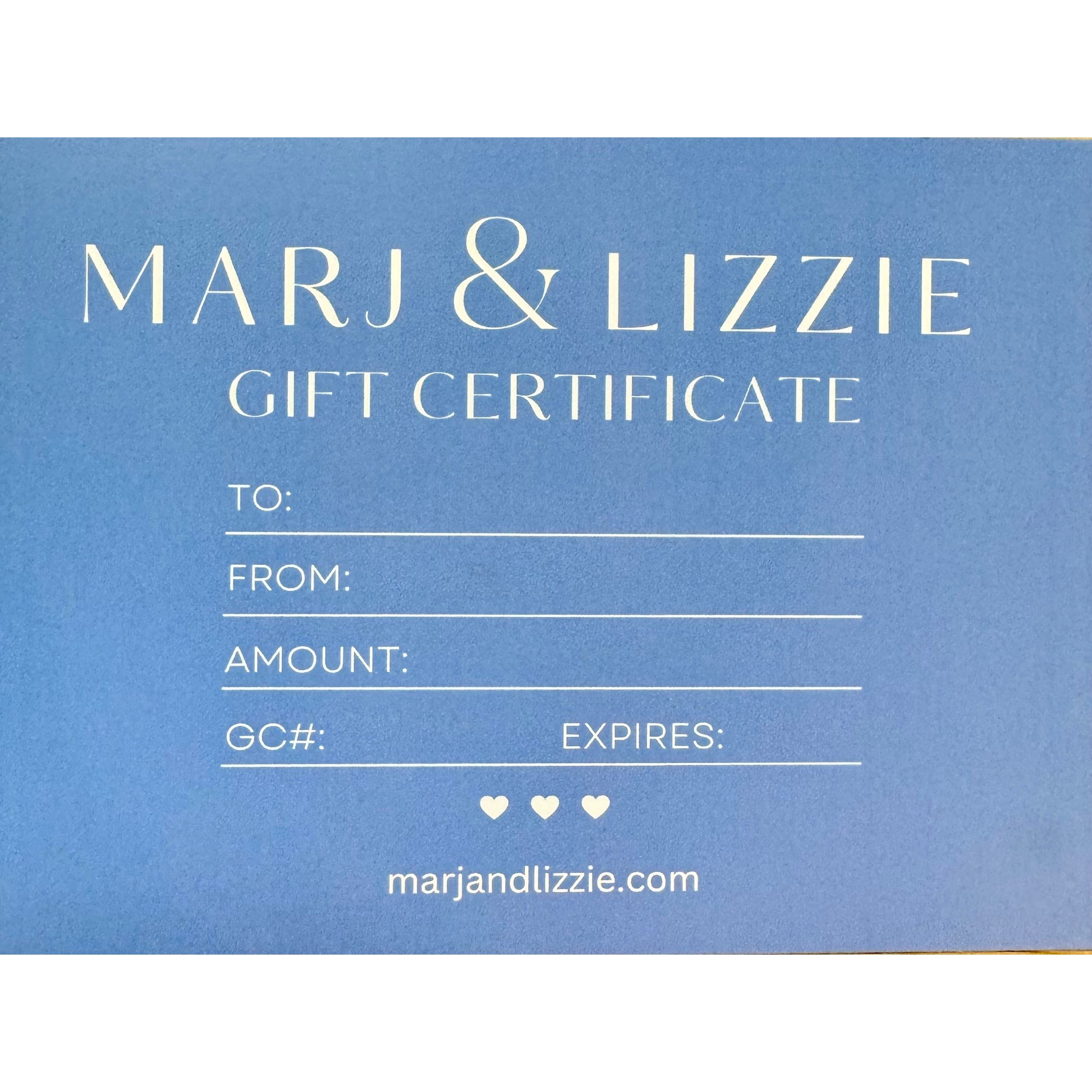 Marj & Lizzie gift card featuring elegant design, perfect for gifting, with a clean, stylish appearance suitable for various occasions.