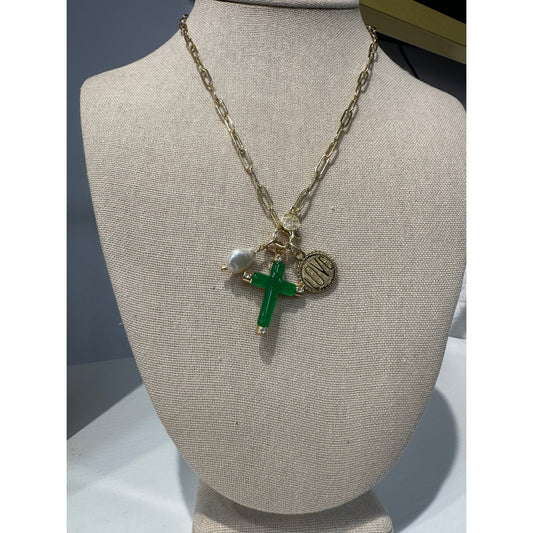 Chain link charm necklace with green cross