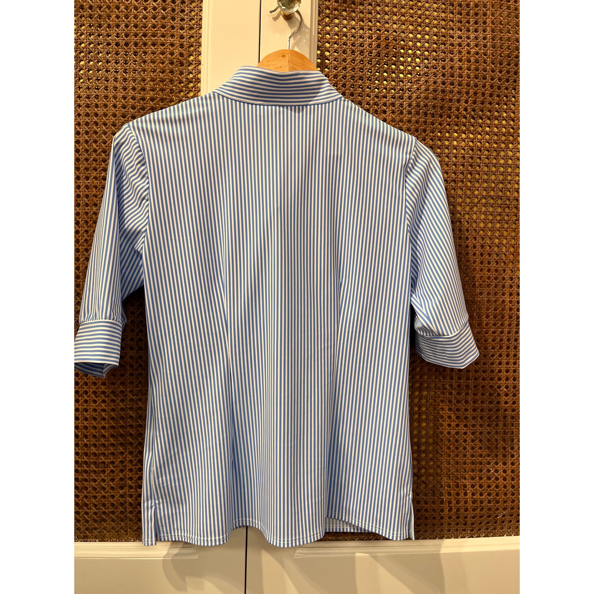 Jude Connally Juliet Top in Pinstripe Periwinkle, a stylish women's blouse with a pinstripe pattern and a relaxed fit.