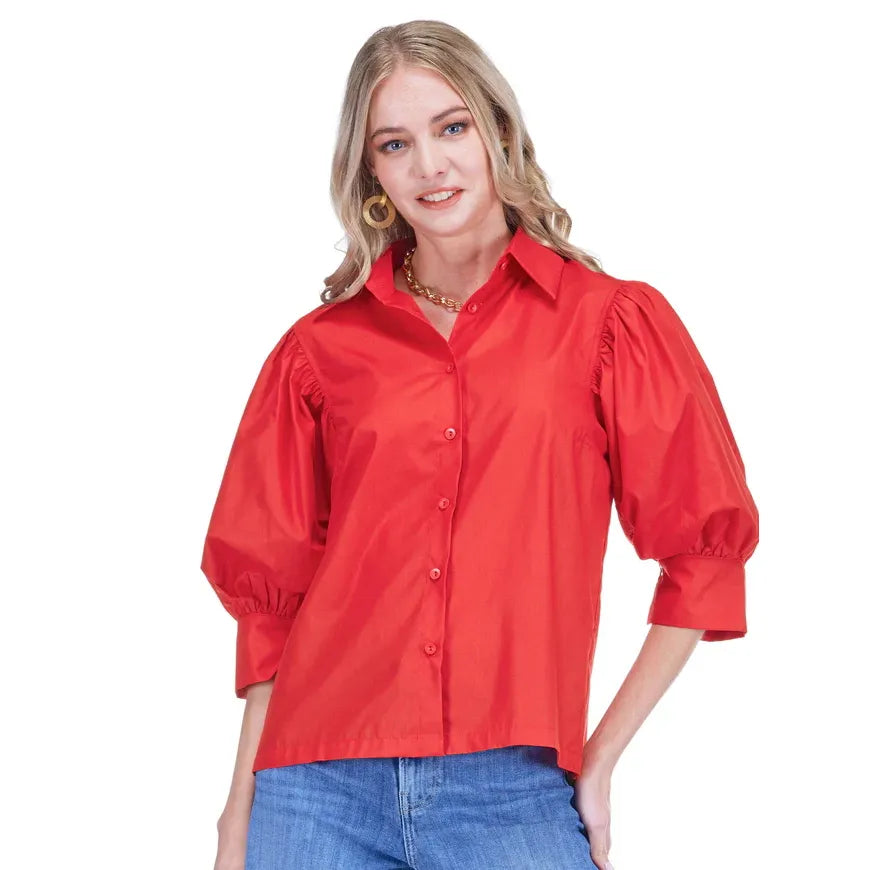 Claire Top red cropped button-front blouse close-up, point collar, voluminous puff elbow sleeves - Marj & Lizzie