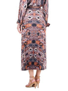 Amanda Skirt by Jade — Copper Mesa geometric ikat pleated maxi skirt in terracotta, mauve, and charcoal, back view