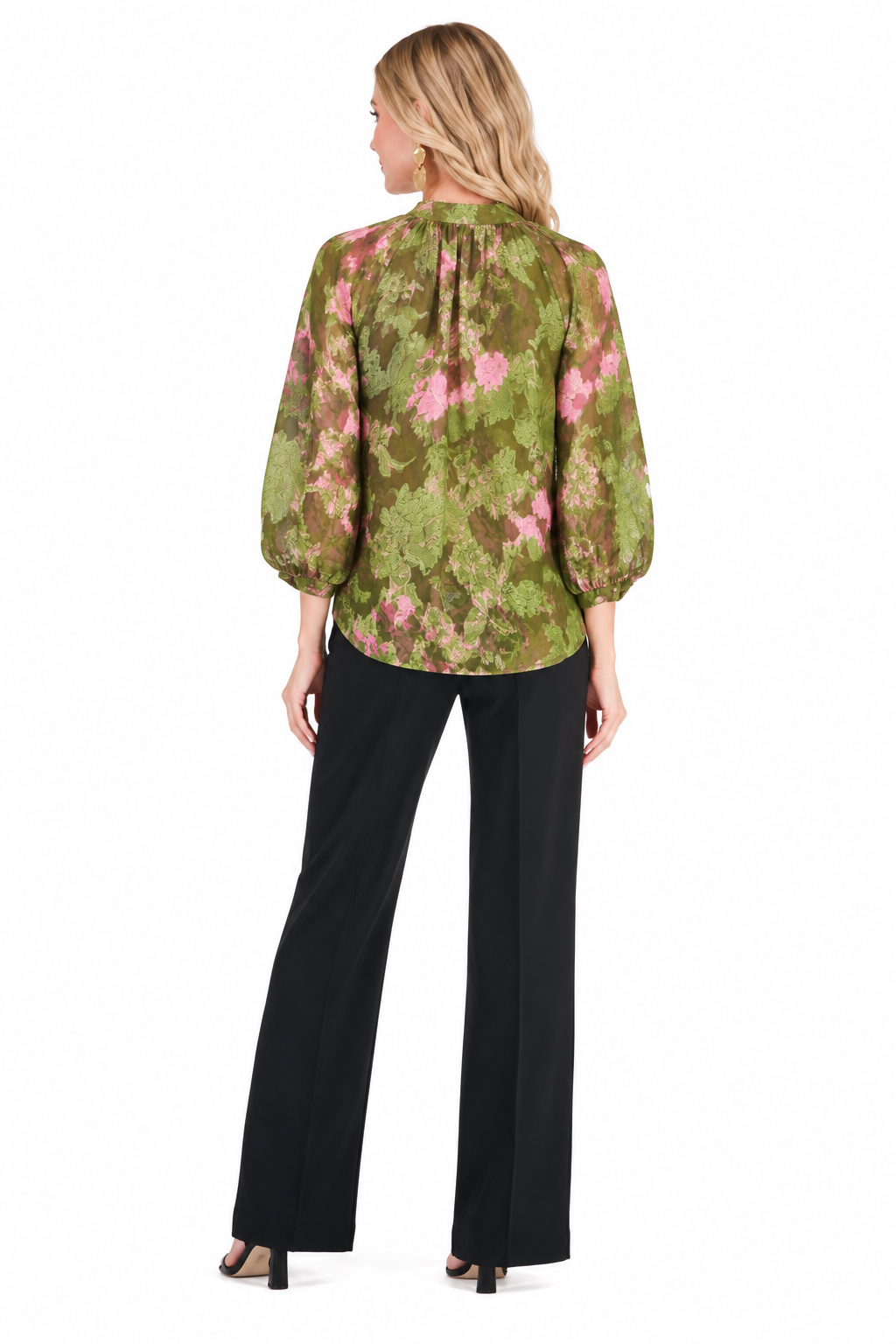 Camilla Top by Jade in Whimsical Garden, back view with green and pink floral print and gathered back neckline