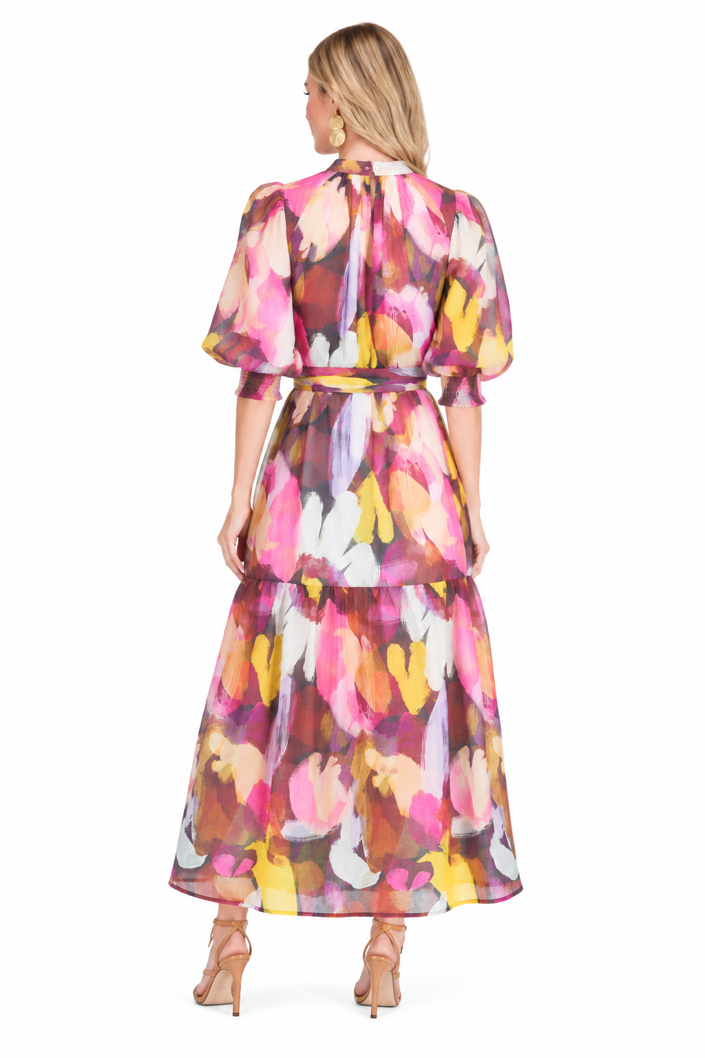 Ellis Dress by Jade in Harvest Brush, back view with multicolor print, gathered neckline, waist sash, and tiered skirt