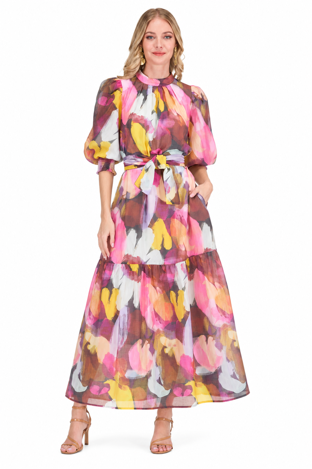 Ellis Dress by Jade in Harvest Brush, front view with multicolor print, pleated neckline, puff sleeves, and tie waist