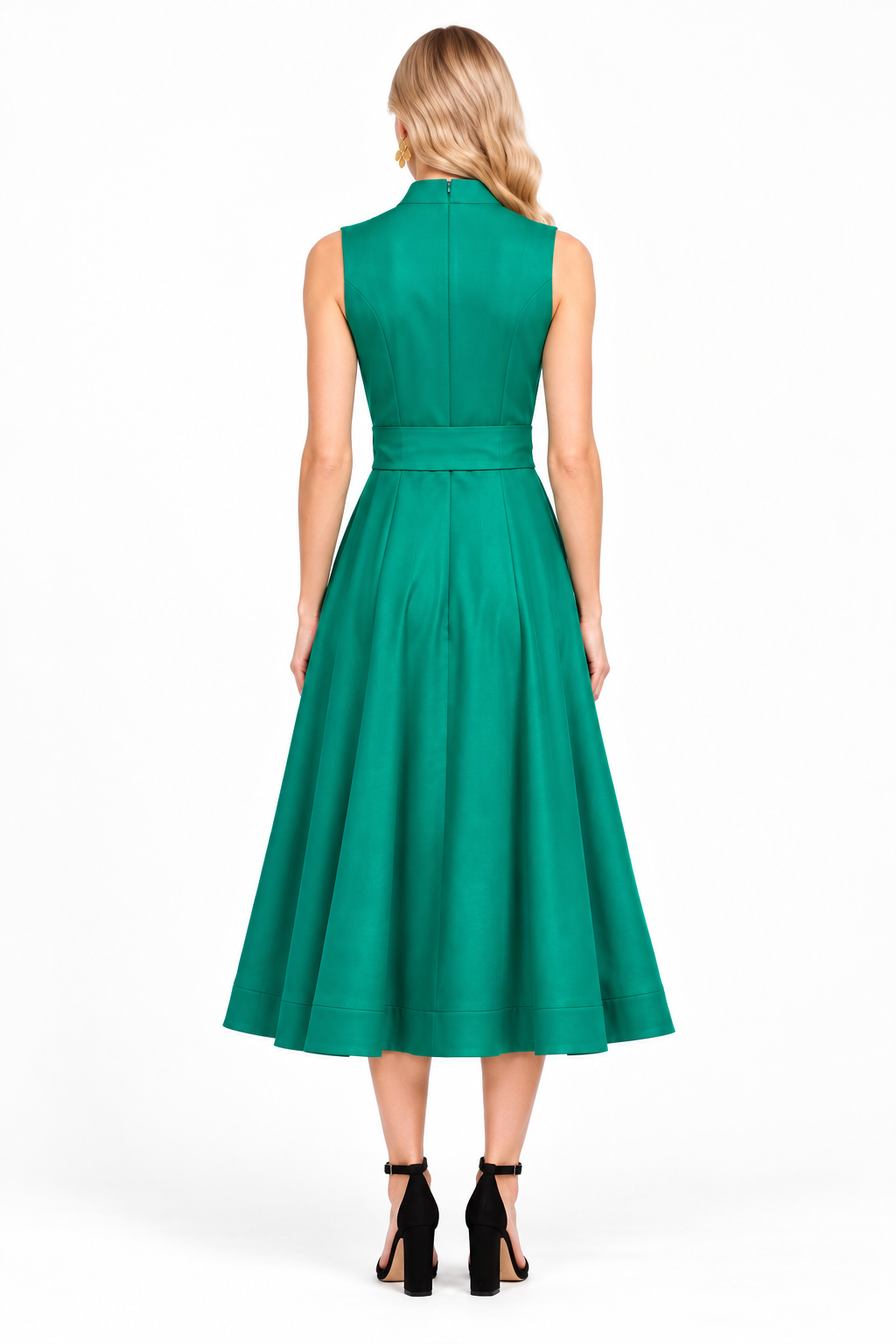 Rosemary Dress by Jade in emerald green, back view with stand collar, fitted waist, and full midi skirt