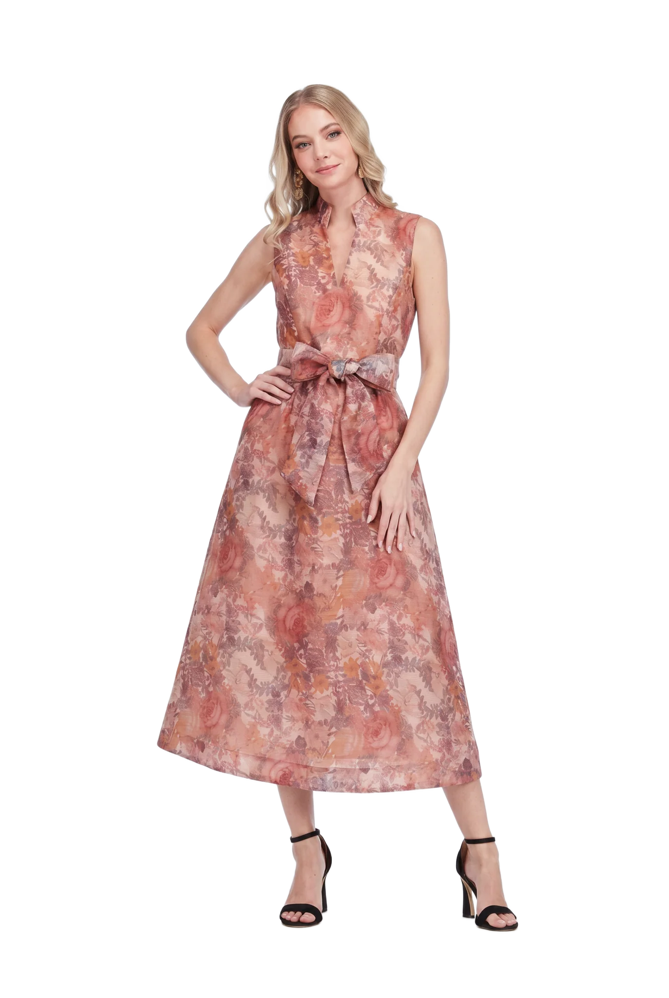 Leslie Dress by Jade — Vintage Blush watercolor floral sleeveless midi dress with V-neckline, ruffle trim, and self-tie sash belt
