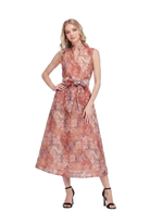 Leslie Dress by Jade — Vintage Blush watercolor floral sleeveless midi dress with V-neckline, ruffle trim, and self-tie sash belt
