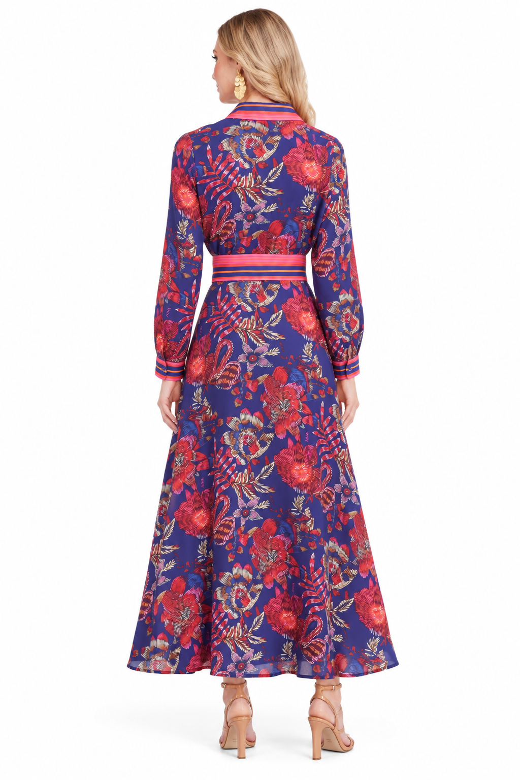 Annabelle Dress by Jade in Hibiscus Royale, back view with floral print, striped waist sash, and long sleeves