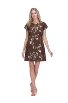 Susanna Dress by JADE in Autumn Gold, front view, chocolate brown shift dress with gold metallic ginkgo leaf jacquard print, cap sleeves, front zipper with gold ring pull, knee length