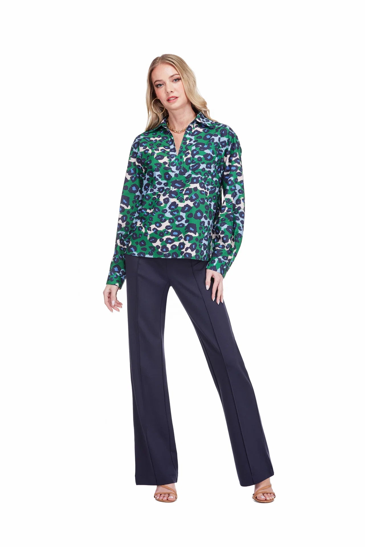 Magnolia Top by Jade in Emerald Leopard, front detail view, spread collar with open V-notch neckline, long sleeves, emerald green blue and cream leopard print, relaxed pullover silhouette Style #79H8003