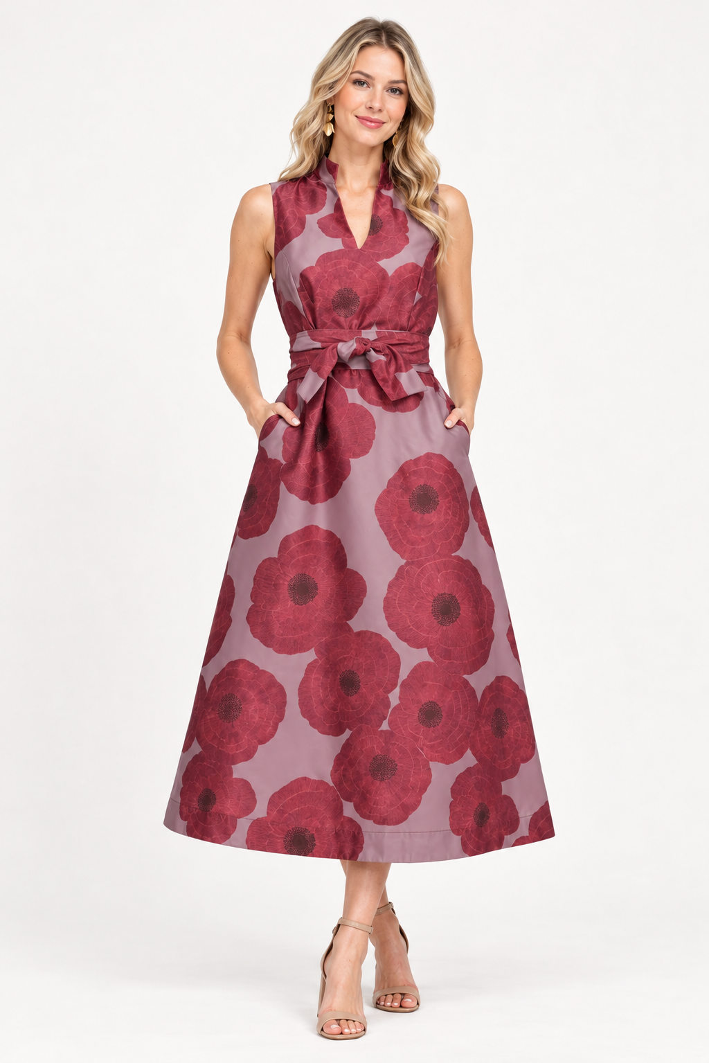 Clara Dress by Jade in crimson poppy, front view with stand collar, tie waist, pockets, and flared midi skirt