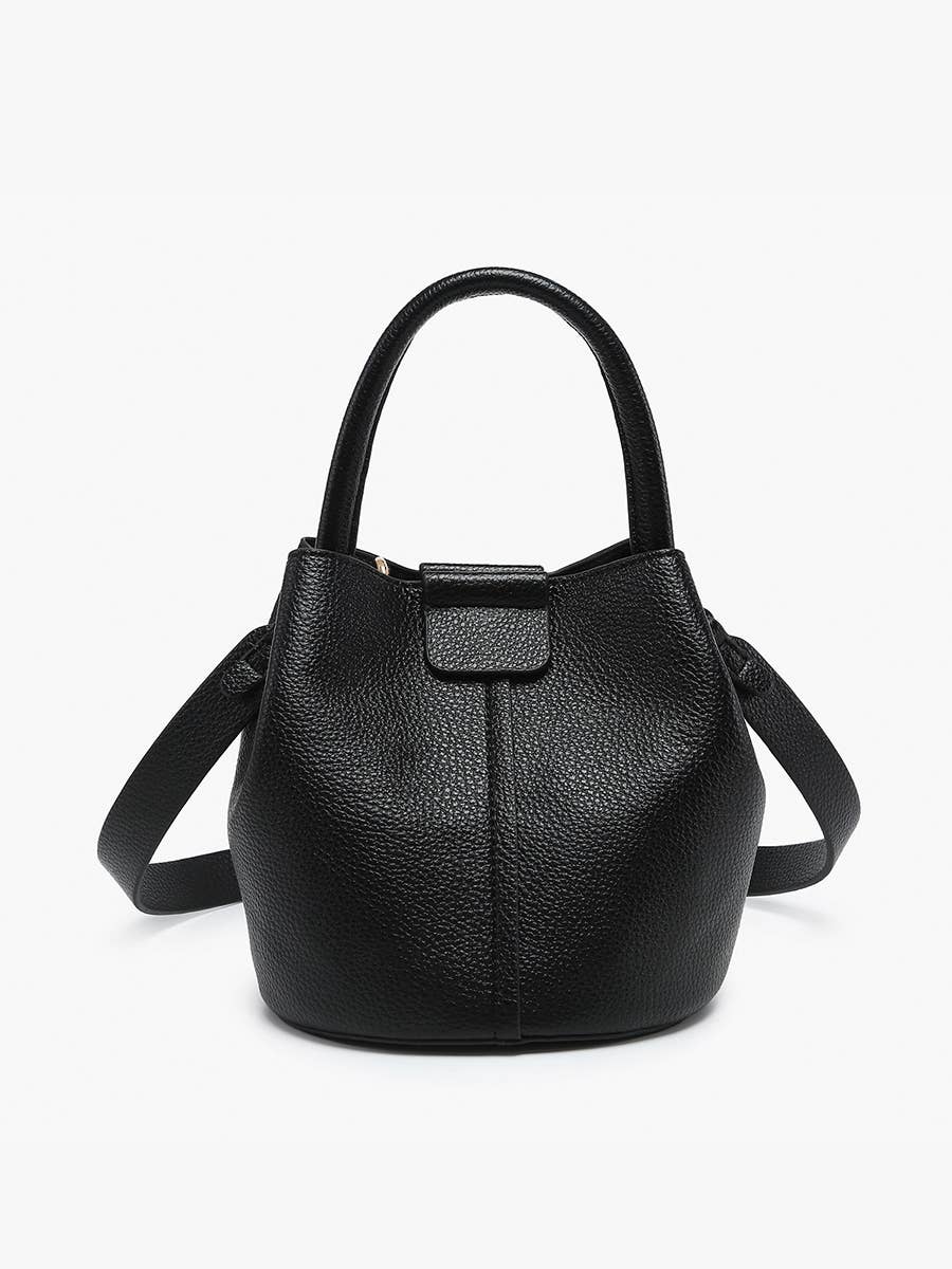 Farrah Bucket Bag by Jen & Co. in black with a top handle, removable strap, and pebbled texture, front view