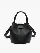 Farrah Bucket Bag by Jen & Co. in black with a top handle, removable strap, and pebbled texture, front view