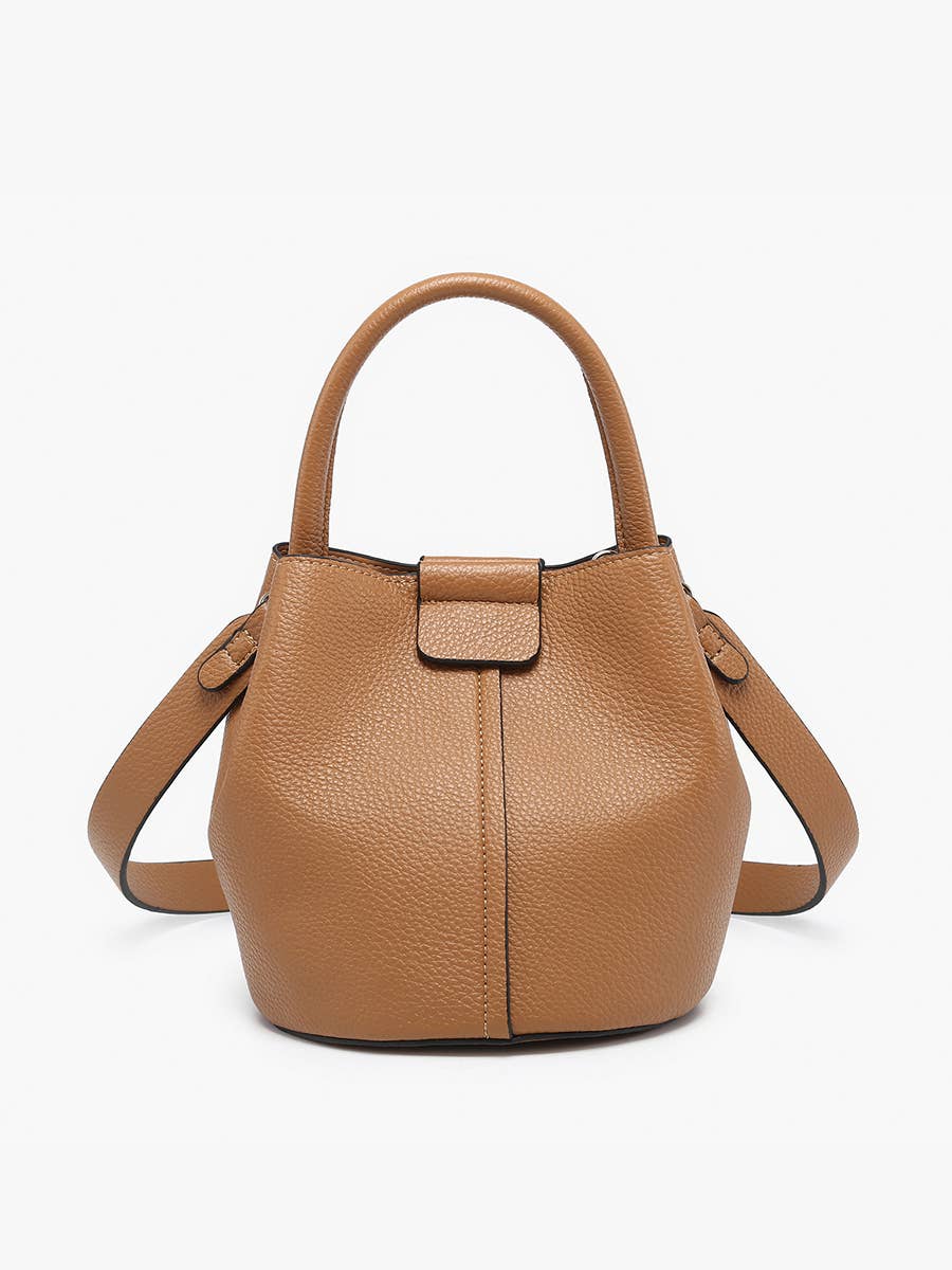 Farrah Bucket Bag by Jen & Co. in taupe with a top handle, removable strap, and pebbled texture, front view⠋