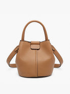 Farrah Bucket Bag by Jen & Co. in taupe with a top handle, removable strap, and pebbled texture, front view⠋