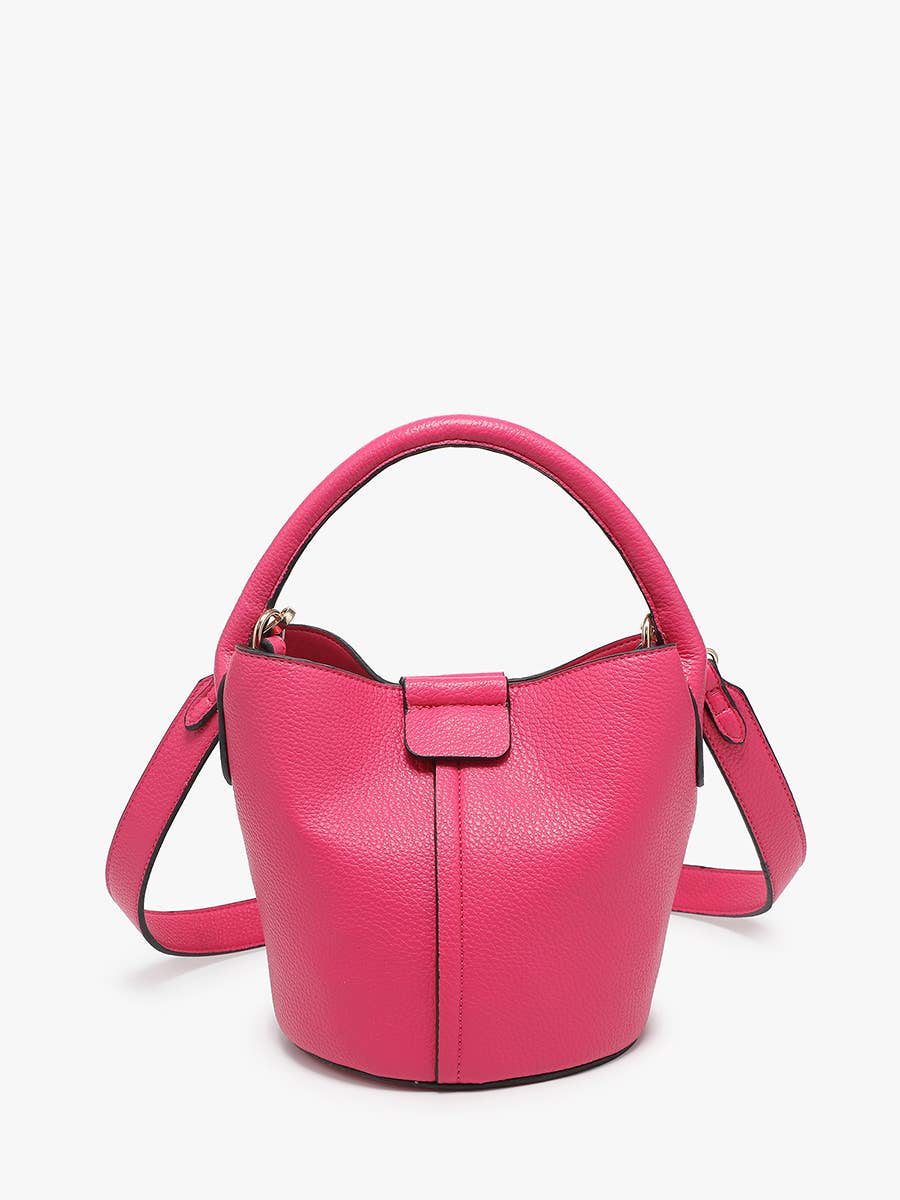 Farrah Bucket Bag by Jen & Co. in boysenberry with a top handle, removable strap, and pebbled texture, front view