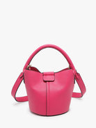 Farrah Bucket Bag by Jen & Co. in boysenberry with a top handle, removable strap, and pebbled texture, front view