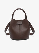 Farrah Bucket Bag by Jen & Co. in espresso brown with a top handle, removable strap, and pebbled texture, front view