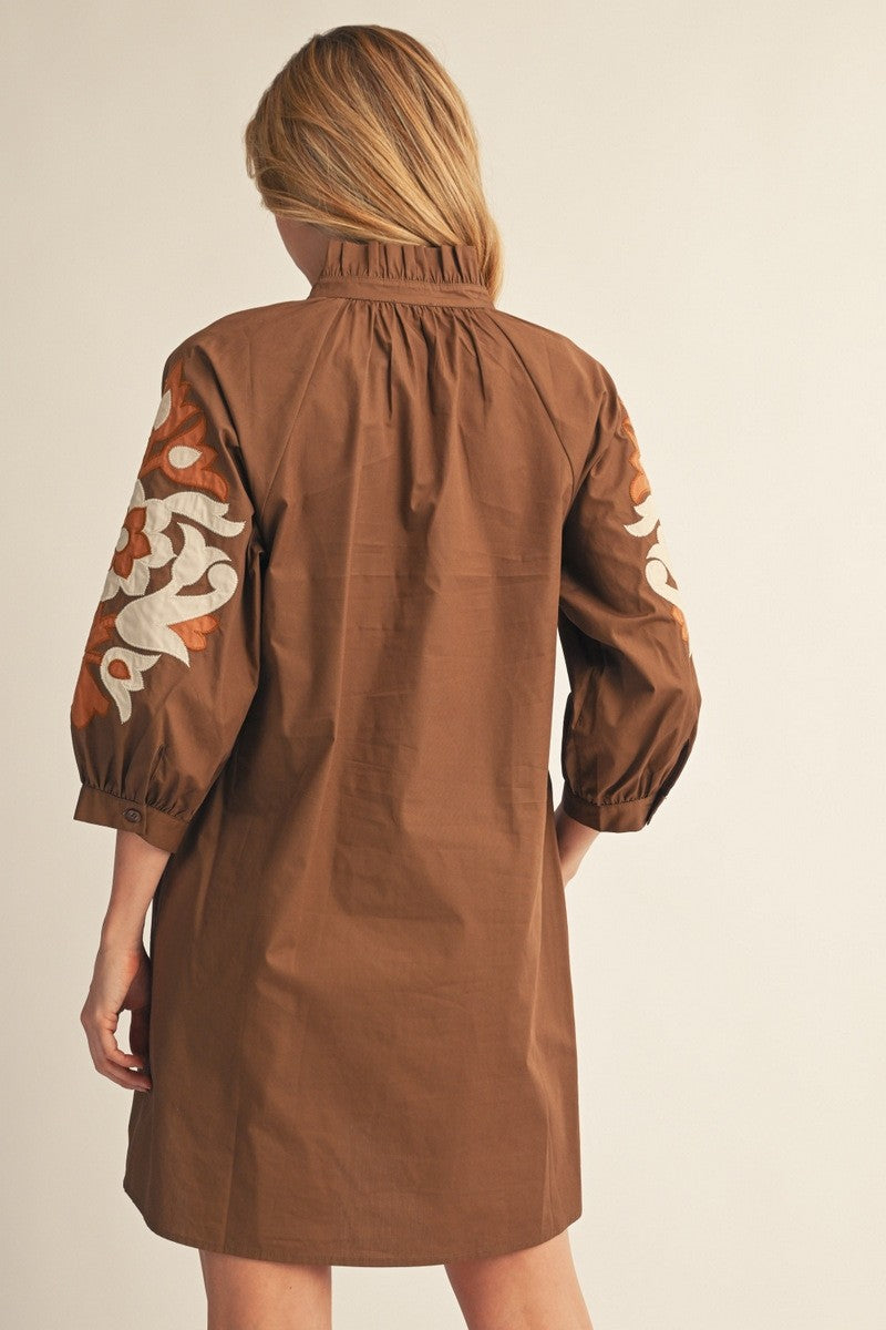 Poppy Dress by Jodifl in brown with floral appliqué, back view G15266-2