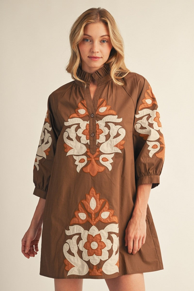 Poppy Dress by Jodifl in brown with floral appliqué, front view G15266-2