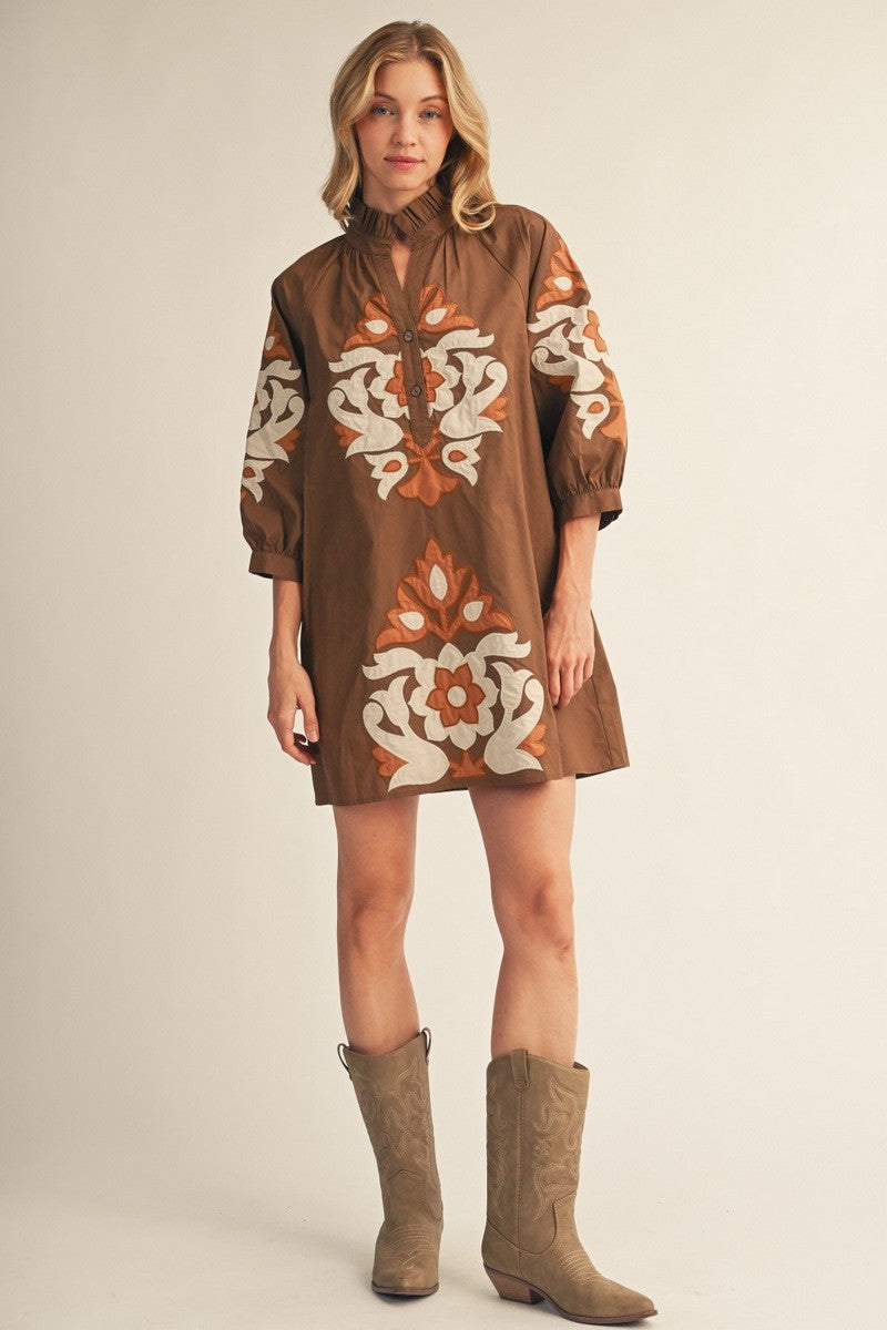 Poppy Dress by Jodifl in brown with floral appliqué, full view G15266-2