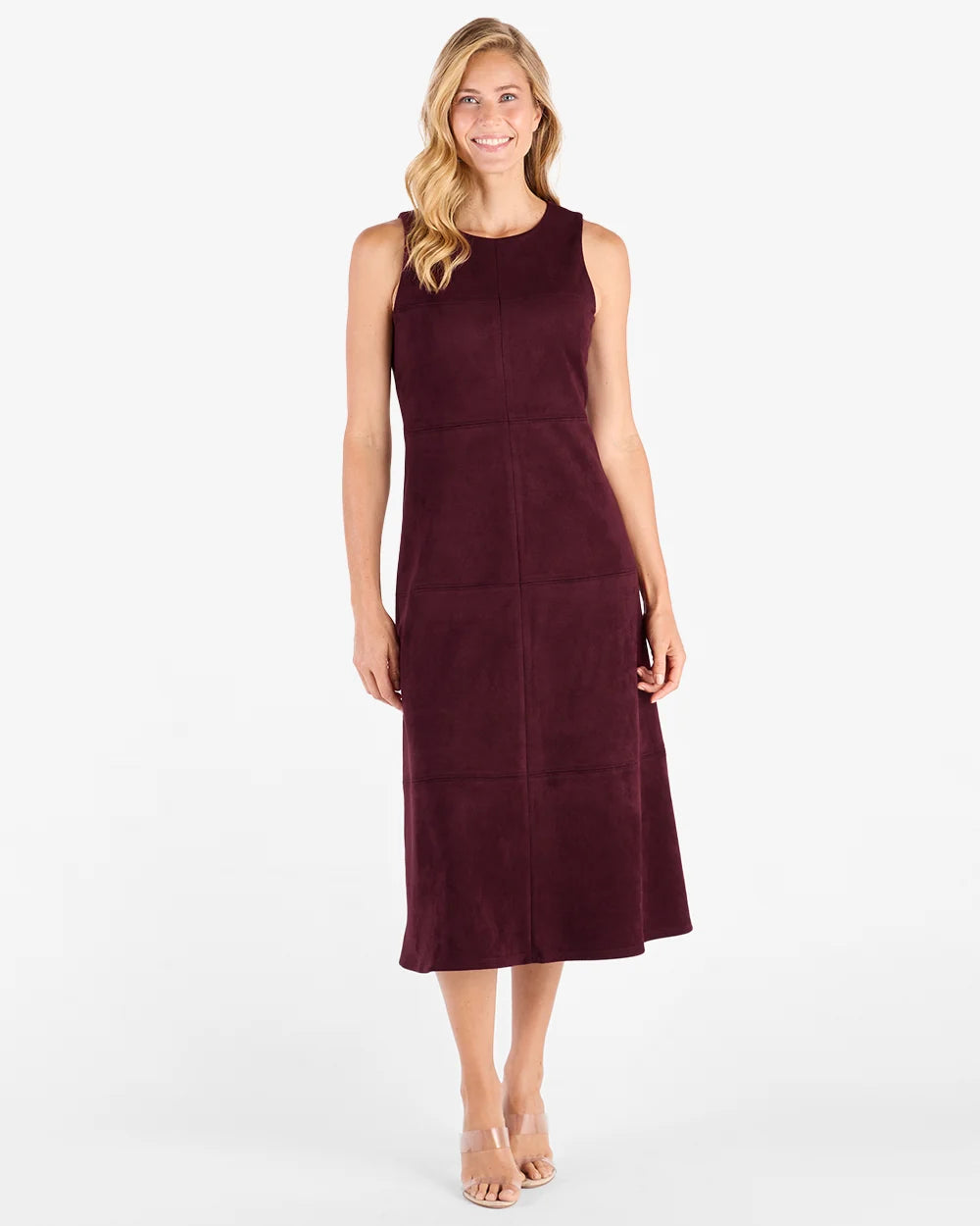 Blake Dress Merlot by Jude Connally, style 1131012, burgundy sleeveless faux suede midi dress, full front view