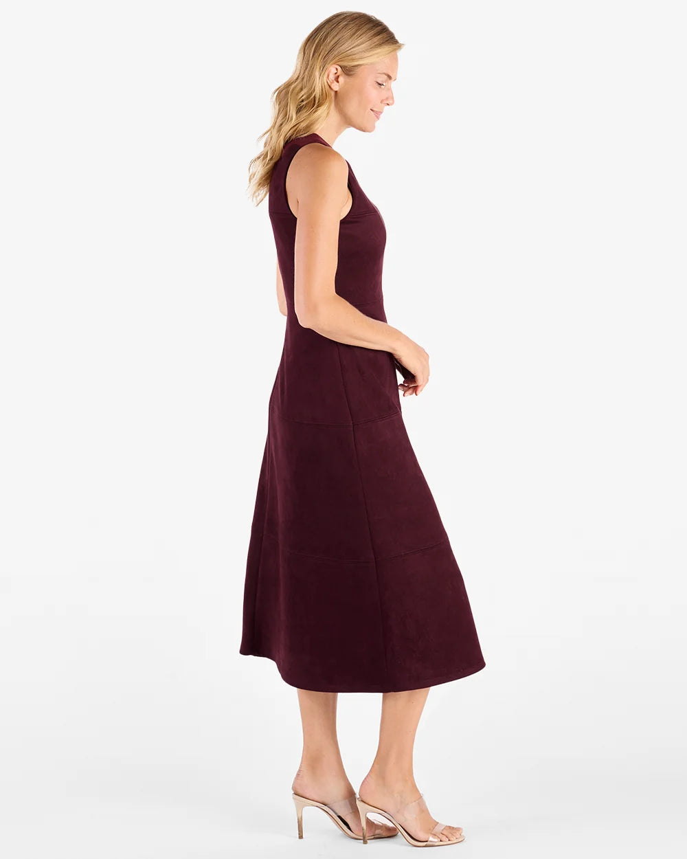 Blake Dress Merlot by Jude Connally, style 1131012, burgundy sleeveless fit-and-flare midi dress, side view