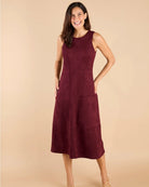  Blake Dress Merlot by Jude Connally, style 1131012, burgundy faux suede dress with crew neckline, front close-up