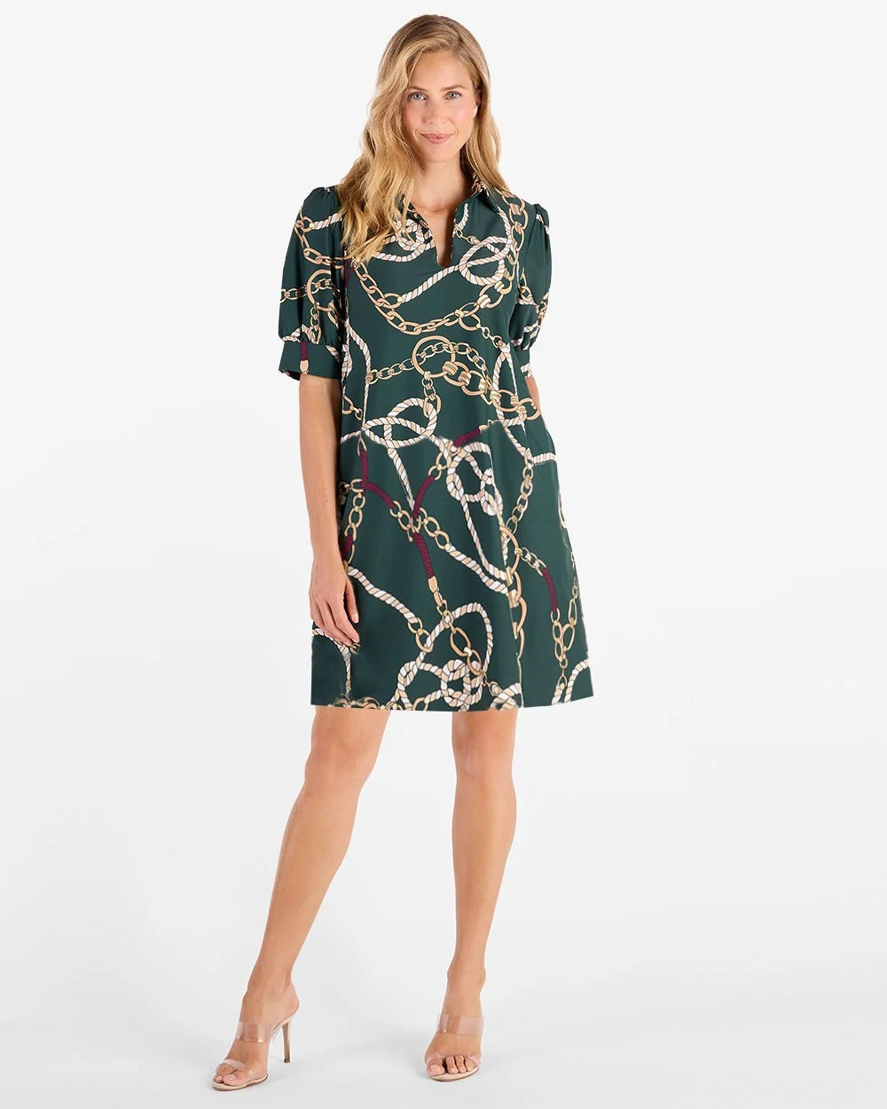Emerson Dress Pine Gold by Jude Connally, style 101353, green chain-and-rope print with puff sleeves, full front view