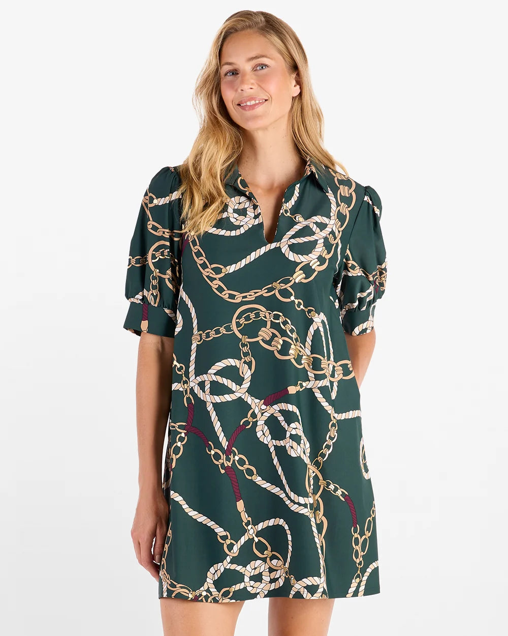 Emerson Dress Pine Gold by Jude Connally, style 101353, green chain print, V-neckline and puff sleeves, front close-up