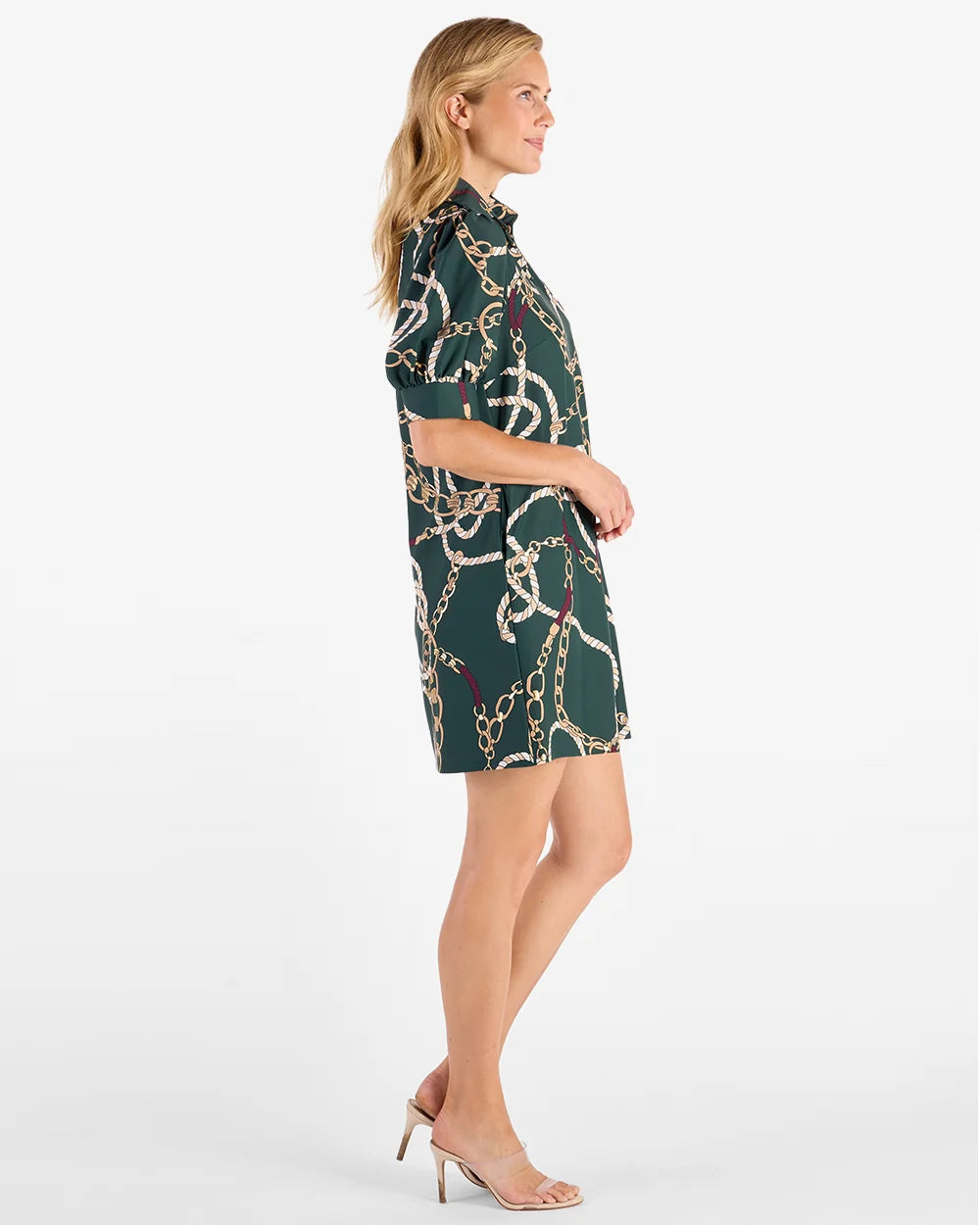 Emerson Dress Pine Gold by Jude Connally, style 101353, green chain-and-rope print with cuffed puff sleeves, side view