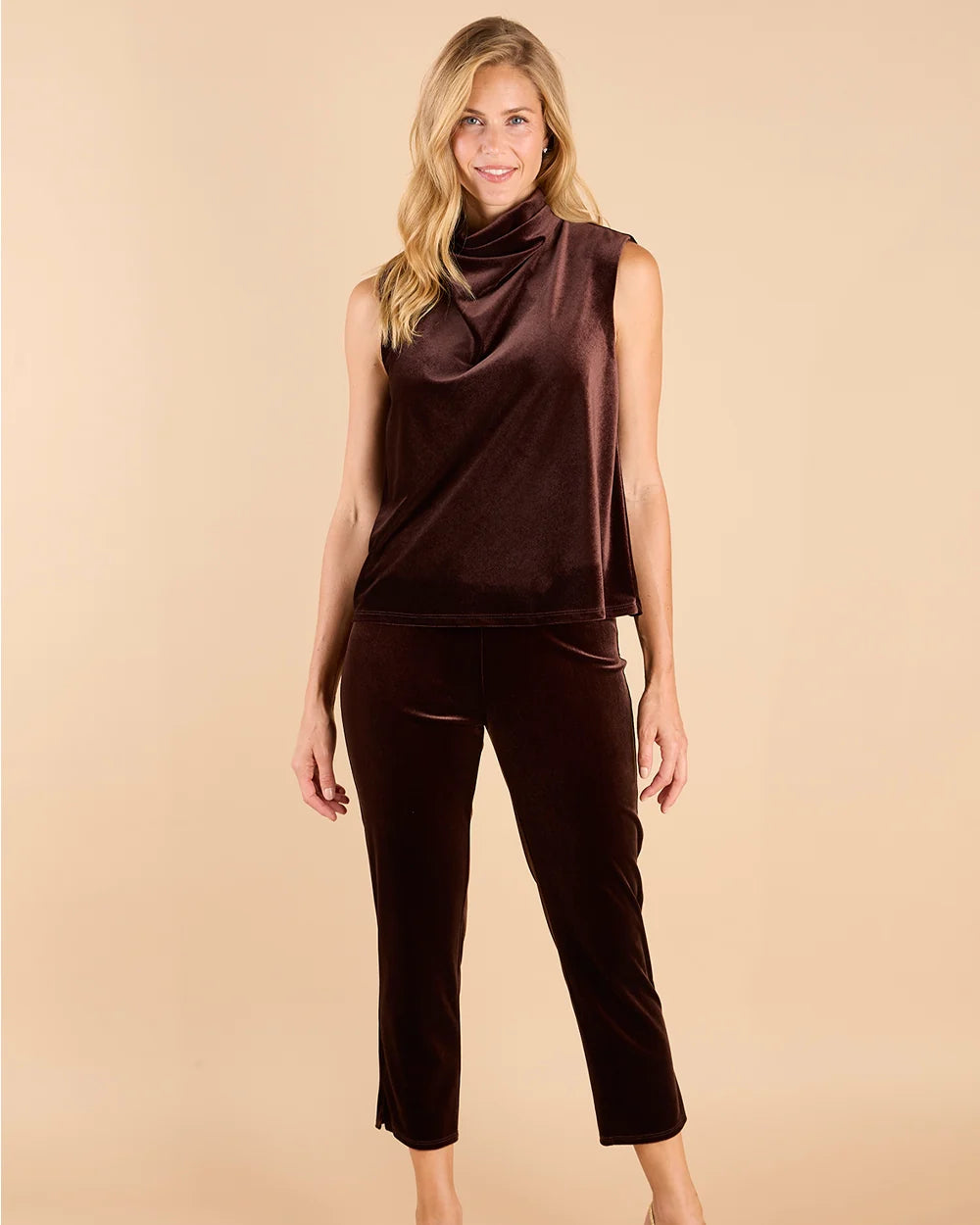 Lucia Velvet Pant Espresso by Jude Connally, style 208084, dark brown velvet pants shown with matching top, full view