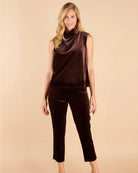 Lucia Velvet Pant Espresso by Jude Connally, style 208084, dark brown velvet pants shown with matching top, full view