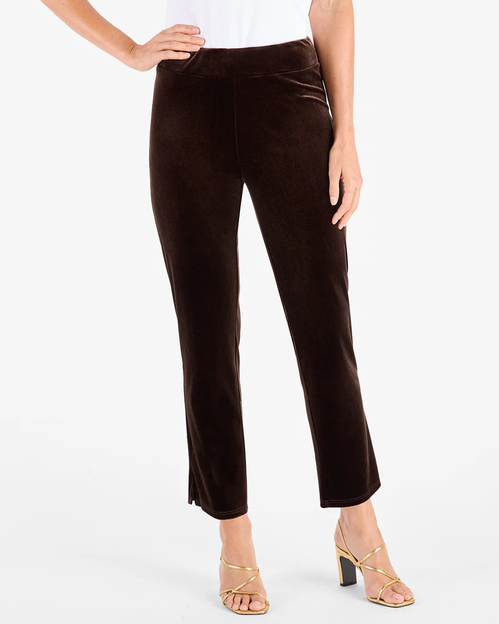 Lucia Velvet Pant Espresso by Jude Connally, style 208084, dark brown velvet pull-on pants with wide waistband, front view