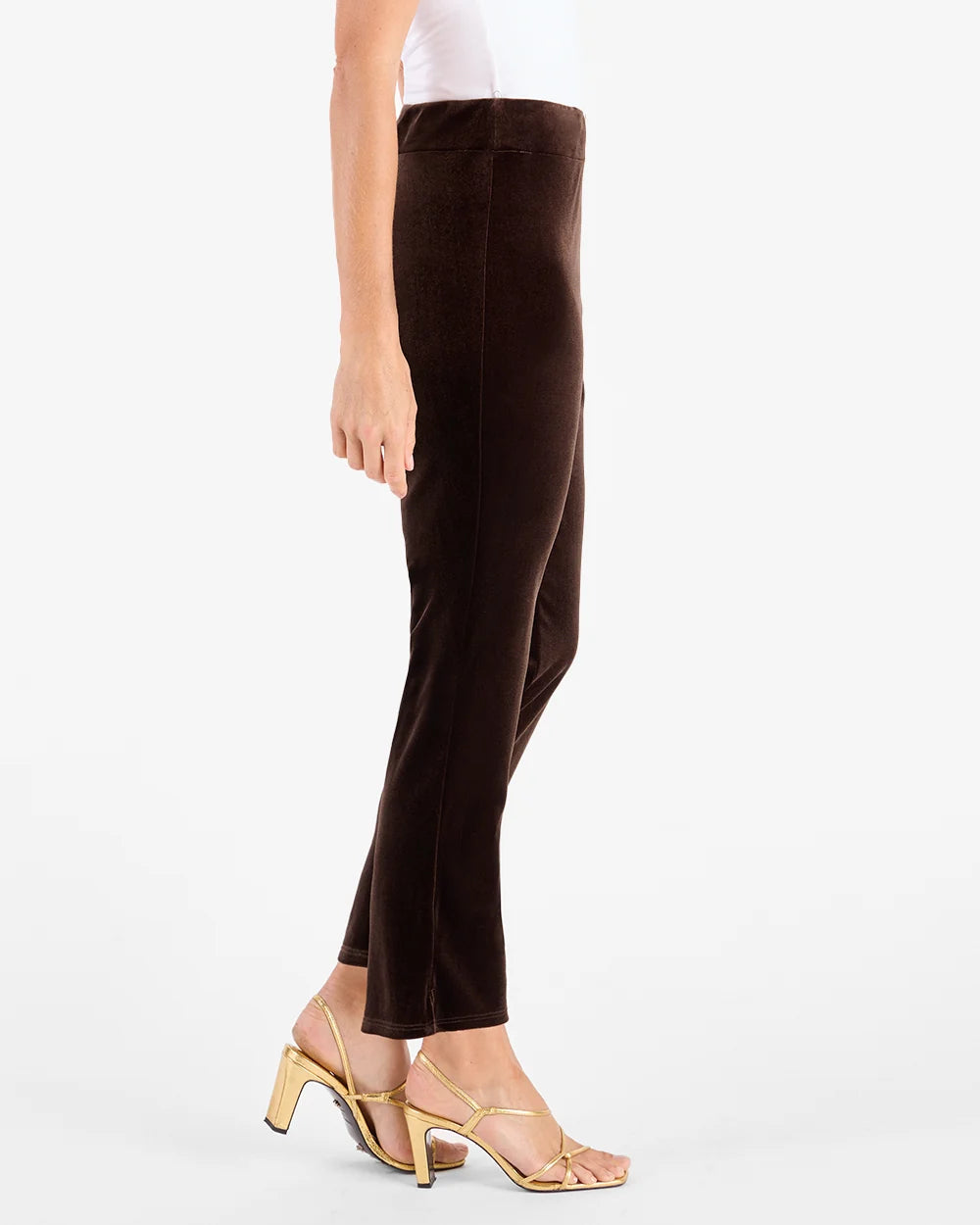 Lucia Velvet Pant Espresso by Jude Connally, style 208084, dark brown velvet pants with side vents at hems, side view