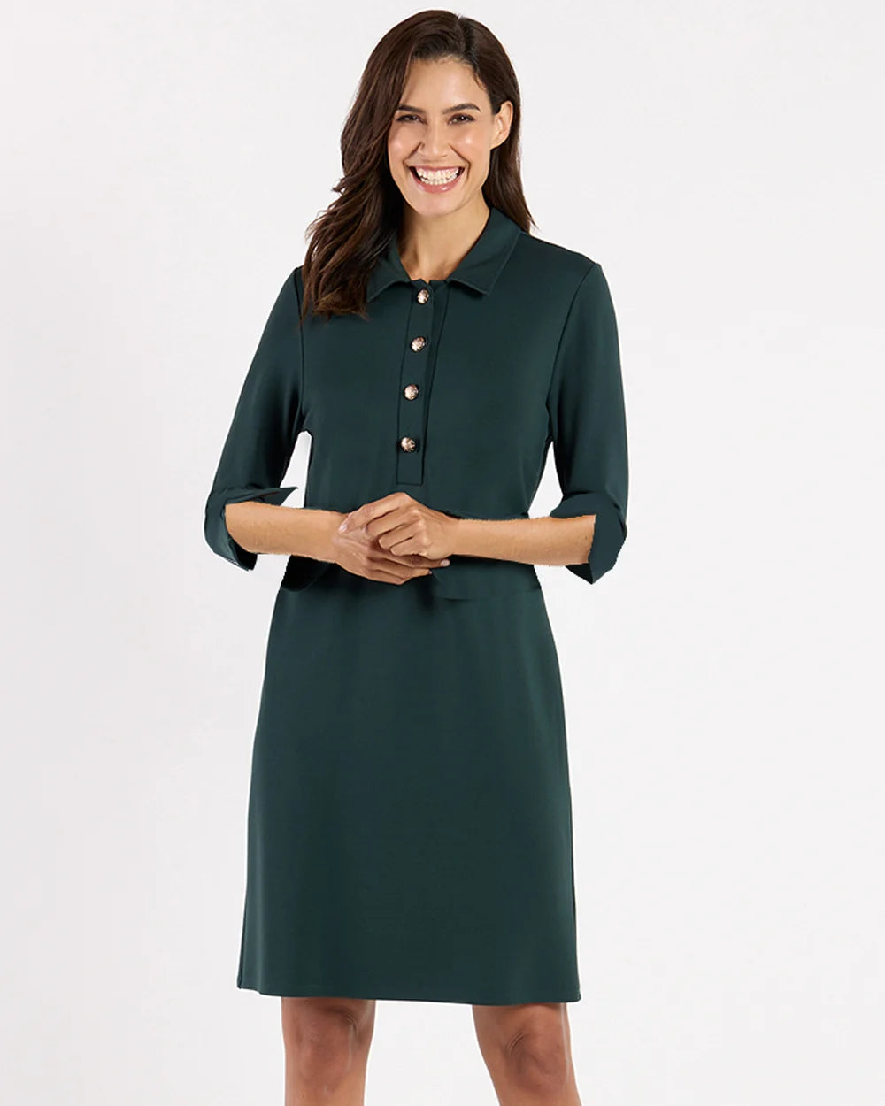 Midge Dress Pine Gold by Jude Connally, style 104916, pine-green collared sheath dress with gold buttons, close up full  view