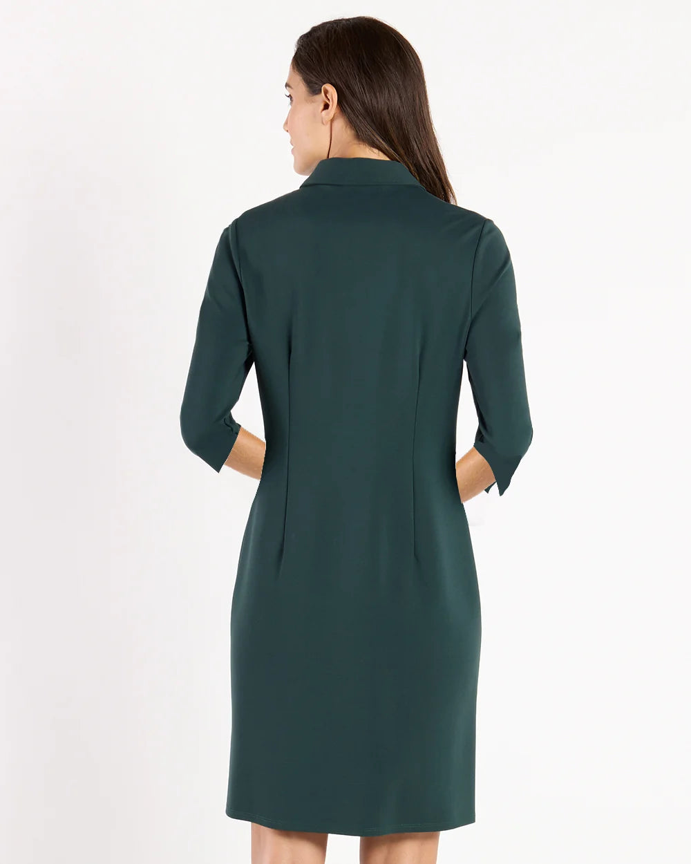 Midge Dress Pine Gold by Jude Connally, style 104916, pine-green sheath dress with three-quarter sleeves, back view