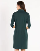 Midge Dress Pine Gold by Jude Connally, style 104916, pine-green sheath dress with three-quarter sleeves, back view