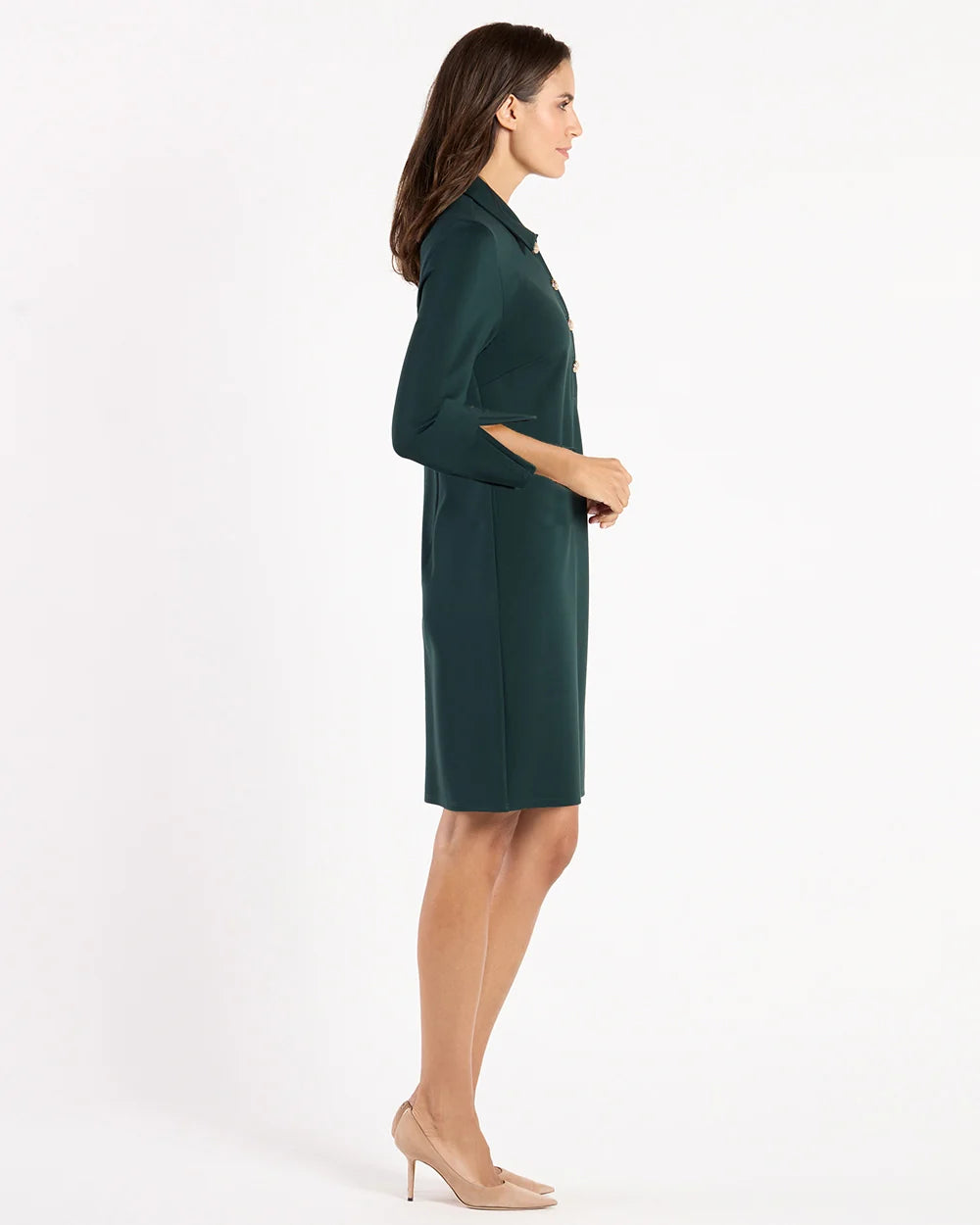 Midge Dress Pine Gold by Jude Connally, style 104916, pine-green sheath dress with split sleeve cuffs, side view