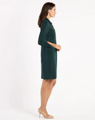 Midge Dress Pine Gold by Jude Connally, style 104916, pine-green sheath dress with split sleeve cuffs, side view