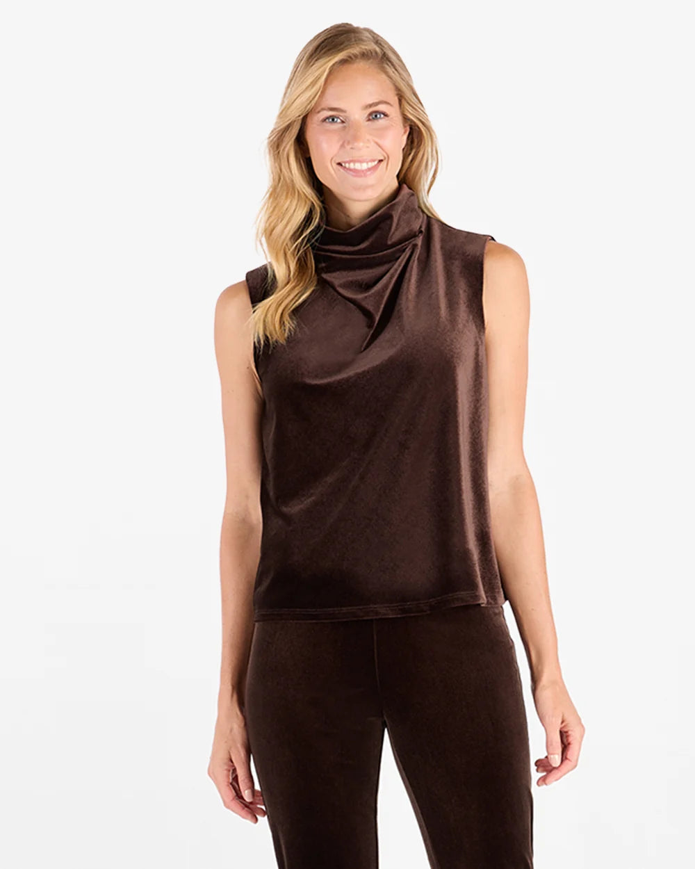 Octavia Velvet Top Espresso by Jude Connally, style 3081017, brown velvet top showing draped cowl neckline, front close-up